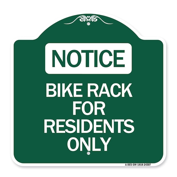 Designer Series Bike Rack for Residents Only, Green & White Aluminum Sign, 18" x 18", GW-1818-24307